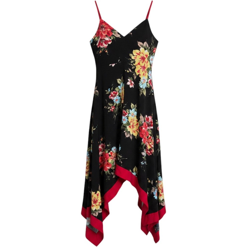 Lulus Black Floral Print Handkerchief Hem Midi Dress Sleeveless V-Neck Red Trim‎